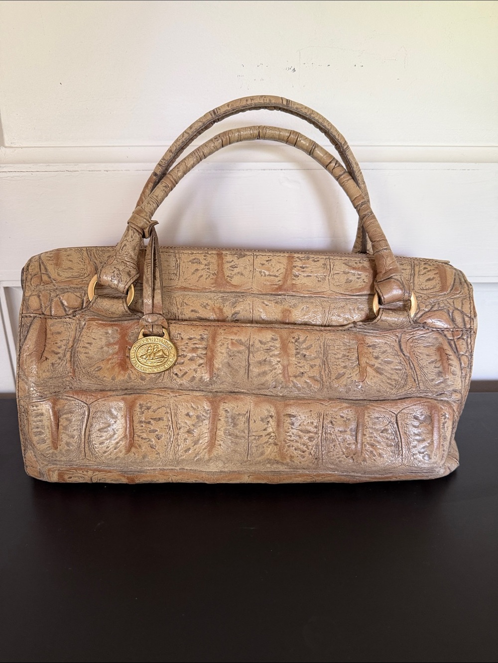 Brahmin Vintage Alligator-Embossed Tan Leather Satchel Handbag